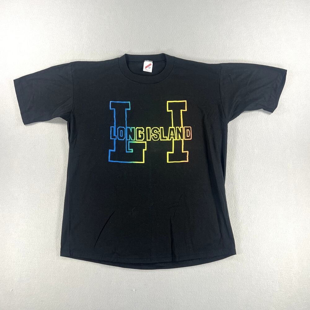Vintage 90s Jerzees Long Island New York Black Tee Mens Size XL Made In USA